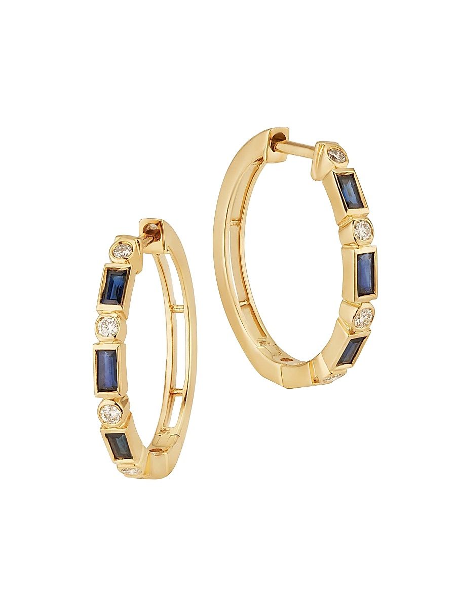 Women's 14K Yellow Gold Crown Jewels Hoops - Gold Blue