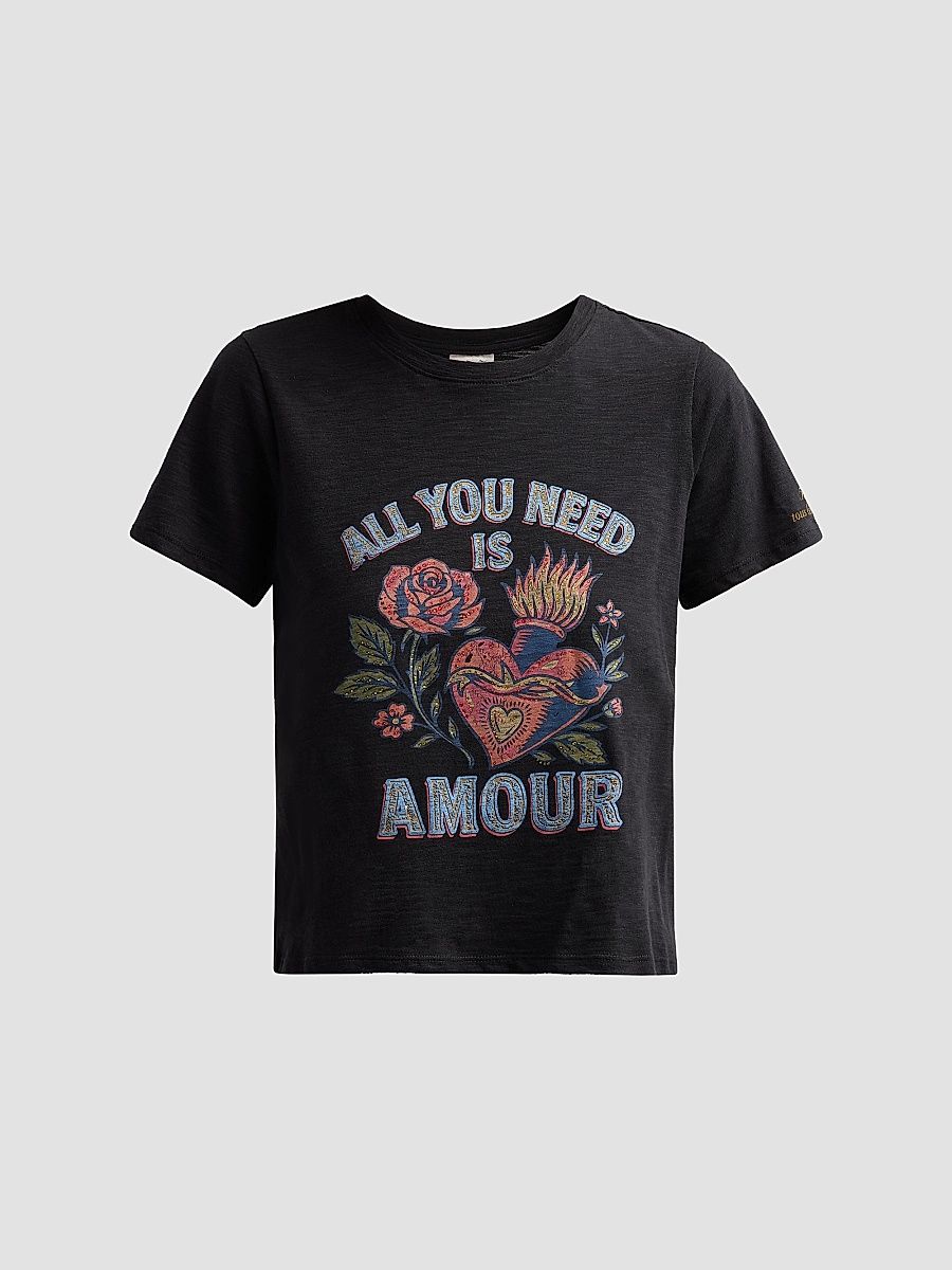 Women's All You Need Is Amour Shrunken Band T-Shirt - Black Multi - Size XS