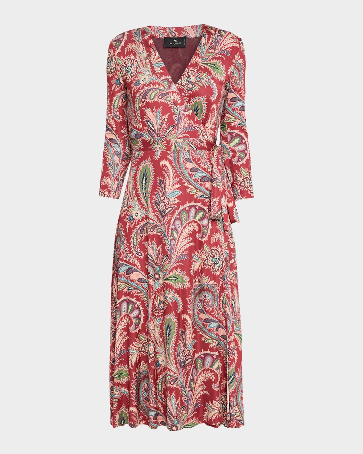 Paisley-Print Bracelet-Sleeve Wrap Midi Dress