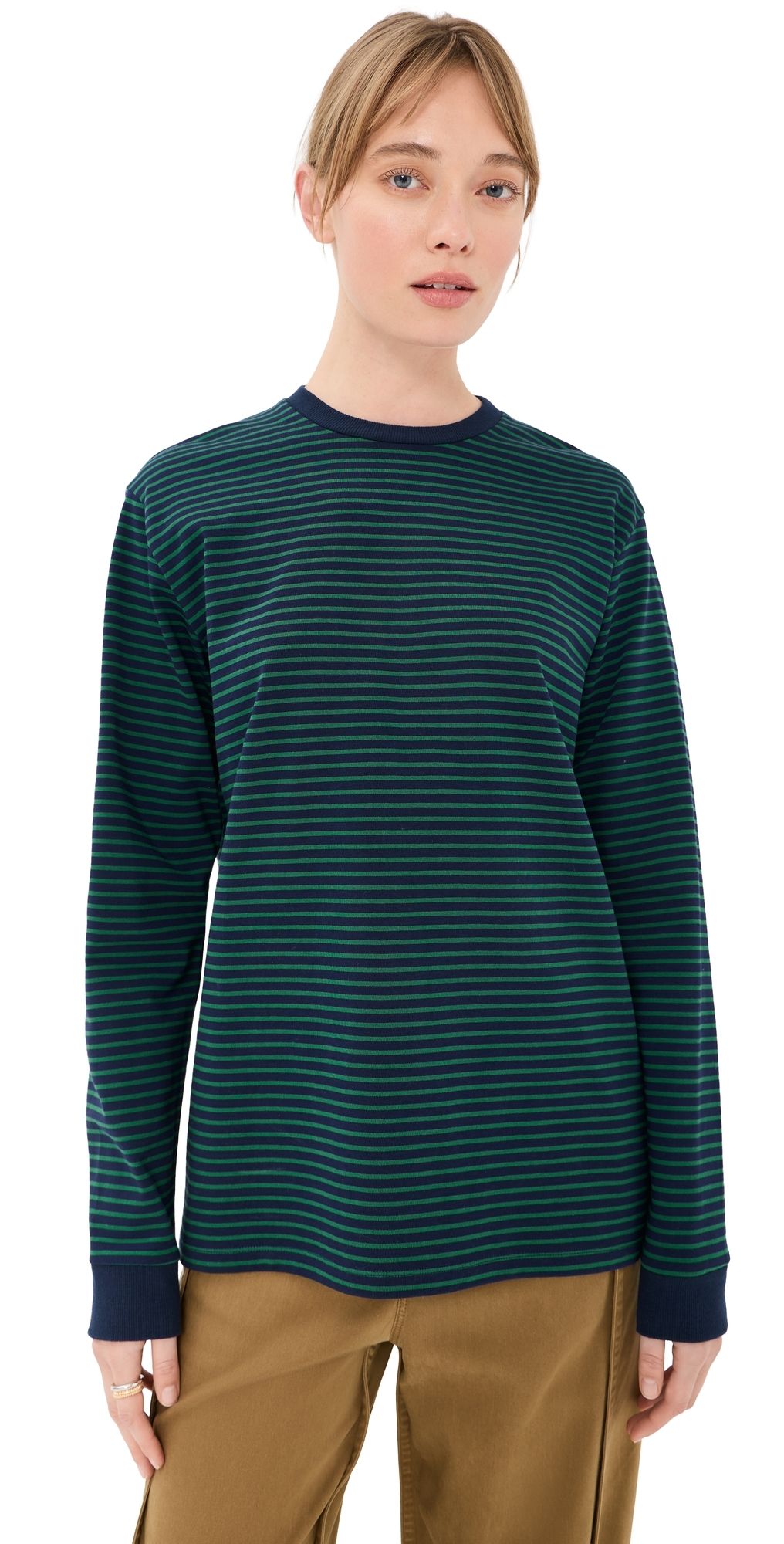 Tibi Striped Perfect Long Sleeve T-Shirt Navy/Green Multi M