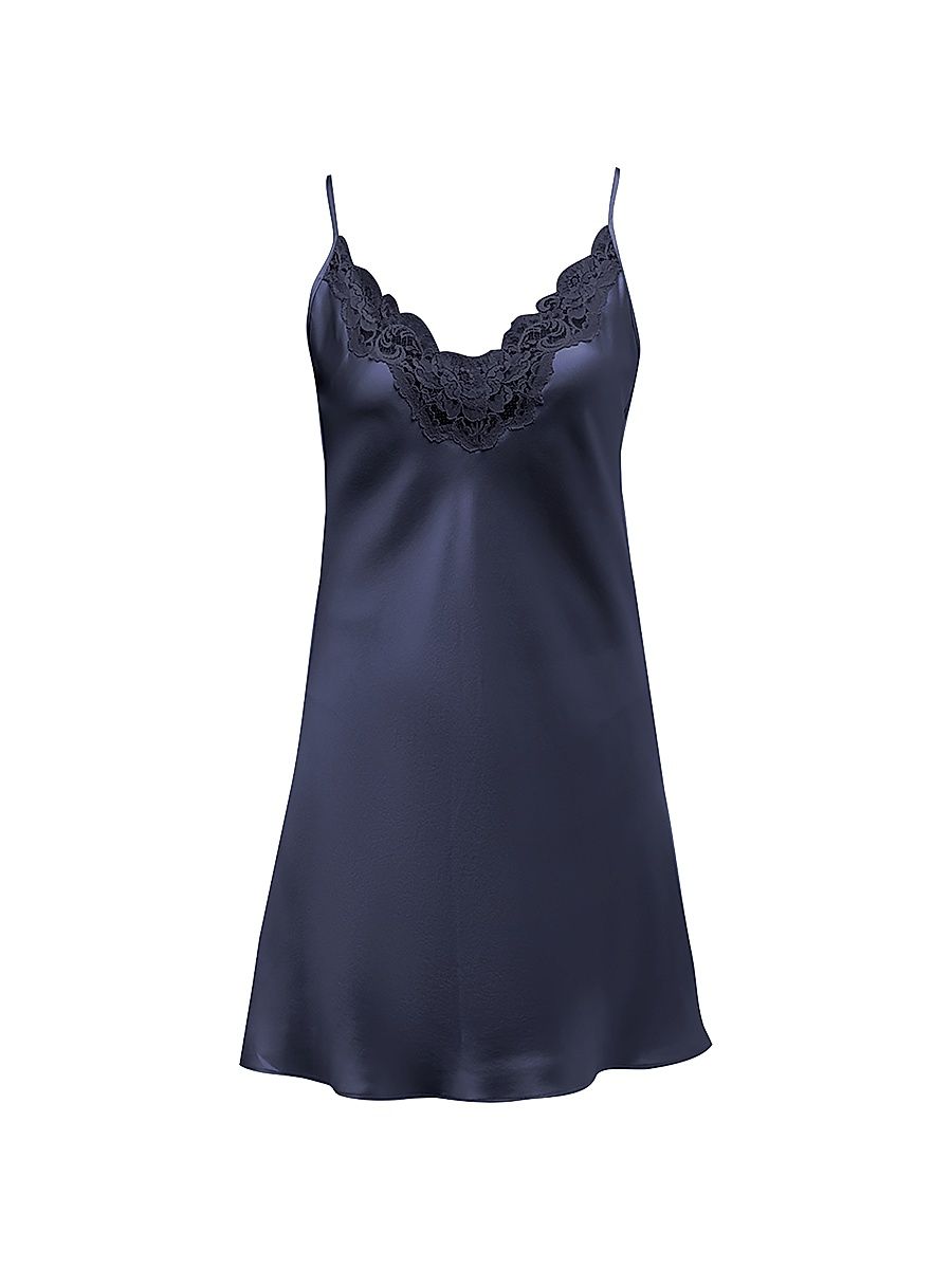 Women's Bijoux Lace-Trim Silk Chemise - Navy - Size XL