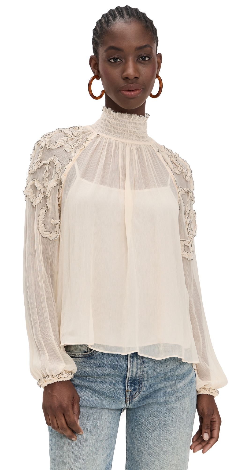 Ulla Johnson Magdalena Silk Smocked Long Sleeve Blouse Chantilly 0