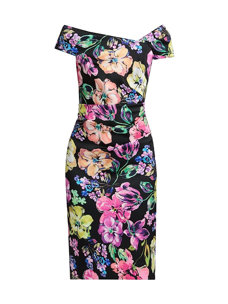 Women's Asymmetric Floral Ruched Cocktail Dress - Black Multi - Size 14
