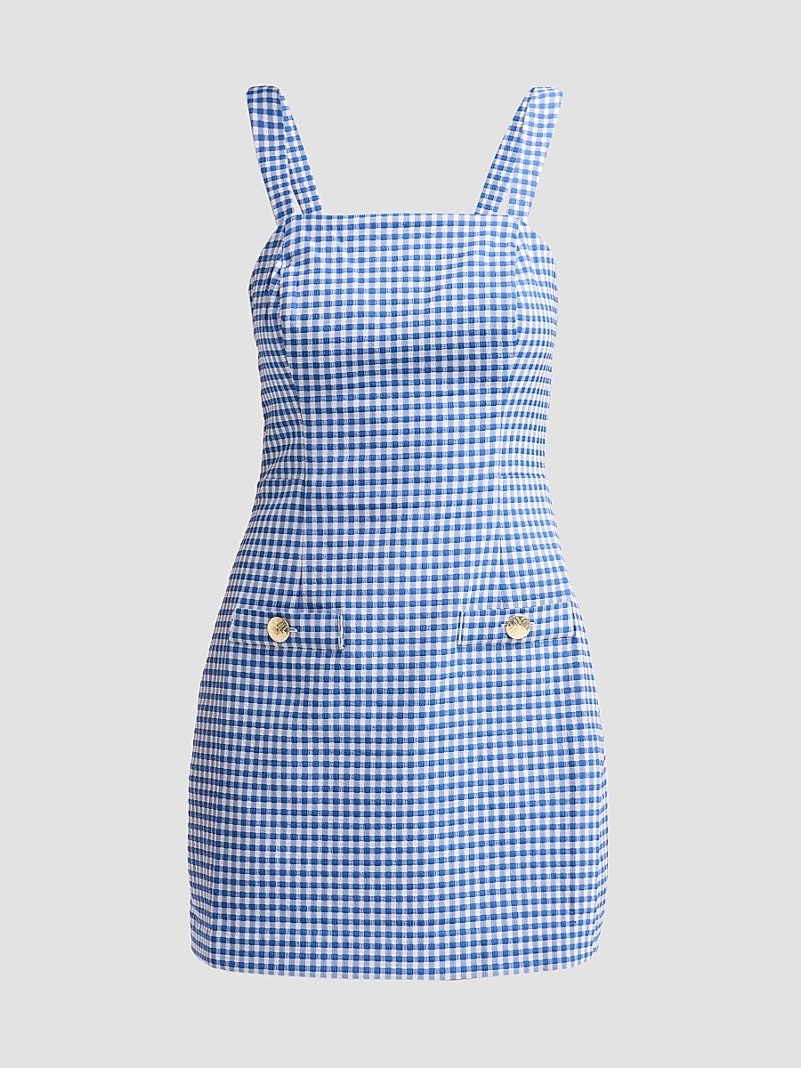 Women's Veda Gingham Stretch Jacquard Skirted Romper - Starlight Navy Gingham - Size 16