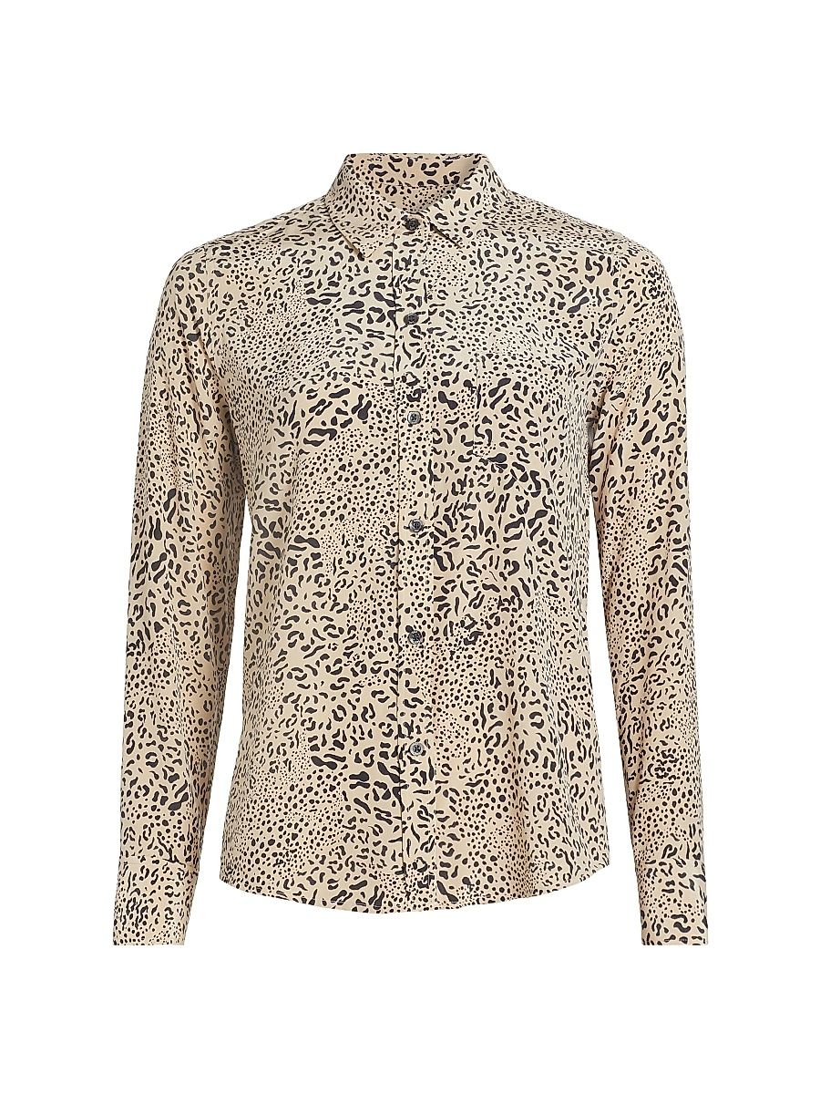 Women's Kate Mixed Leopard Silk Shirt - Sand Mixed Cheetah - Size Medium