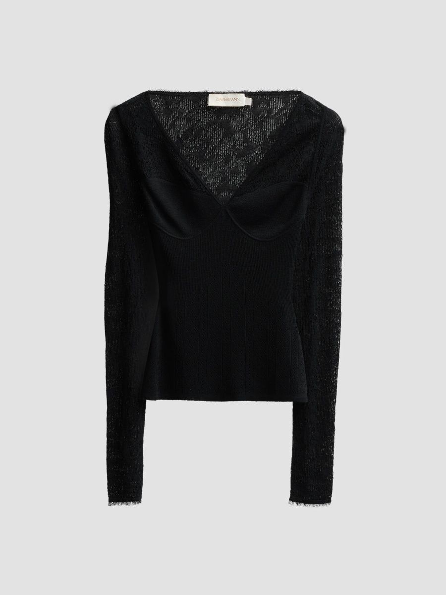 Zimmermann Women's Pointelle Lace V-Neck Top - Airforce - Size 10