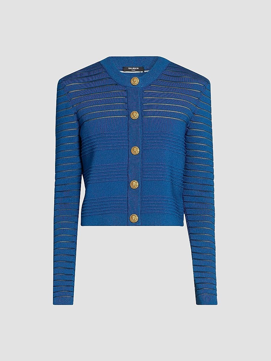 Balmain Women's Mesh Stripe Cardigan - Bleu Nuit - Size 12