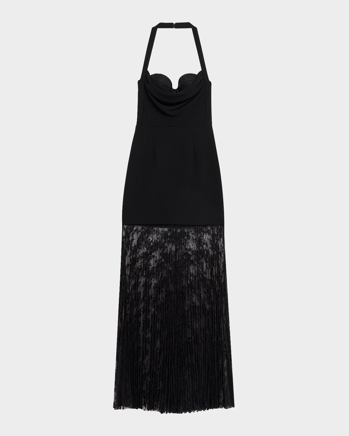 Milena Pleated Floral Lace Halter Gown