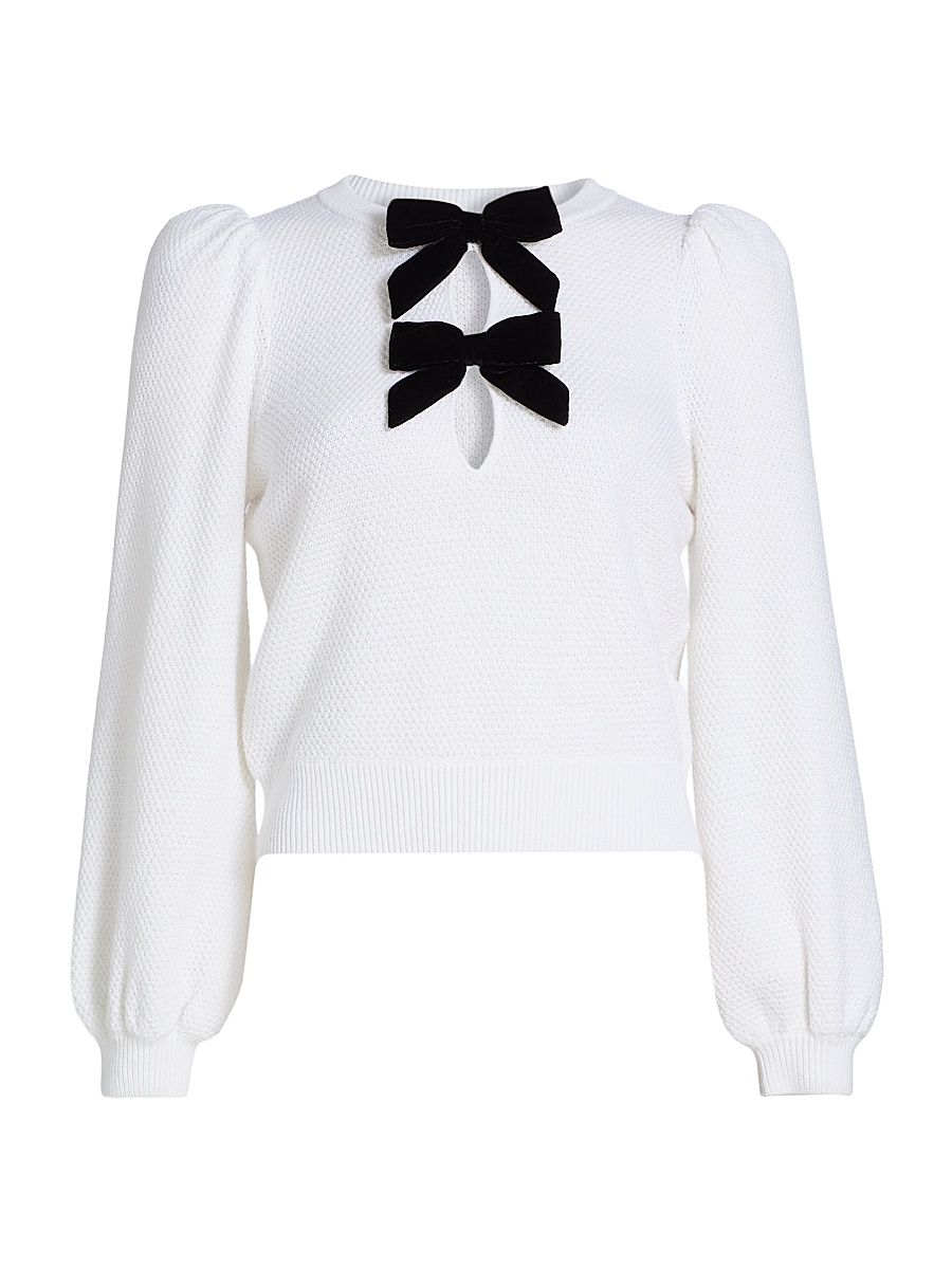 Women's Doris Bow Puff-Sleeve Sweater - Soft White Black - Size Large