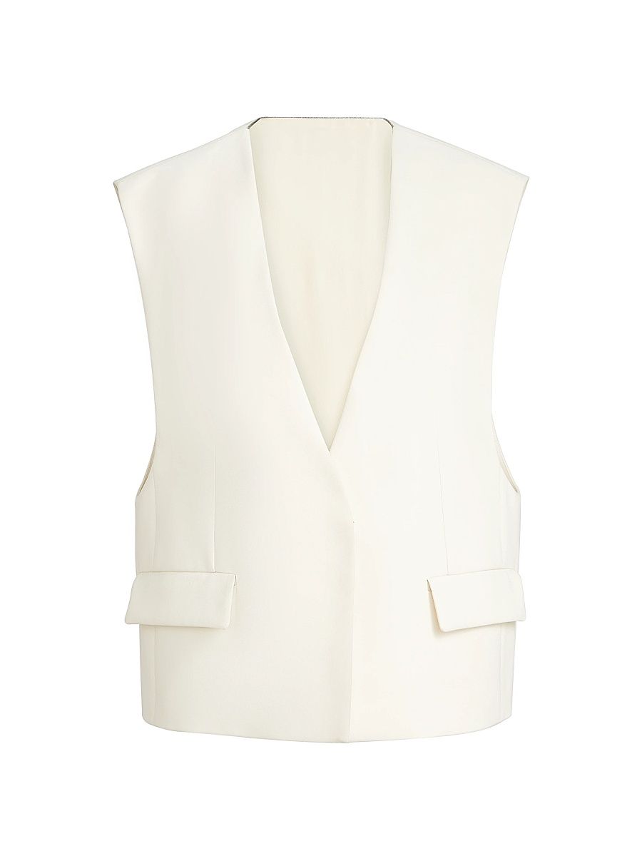 Women's Cotton Double Twill Crêpe Vest with Monili - Ivory - Size 10