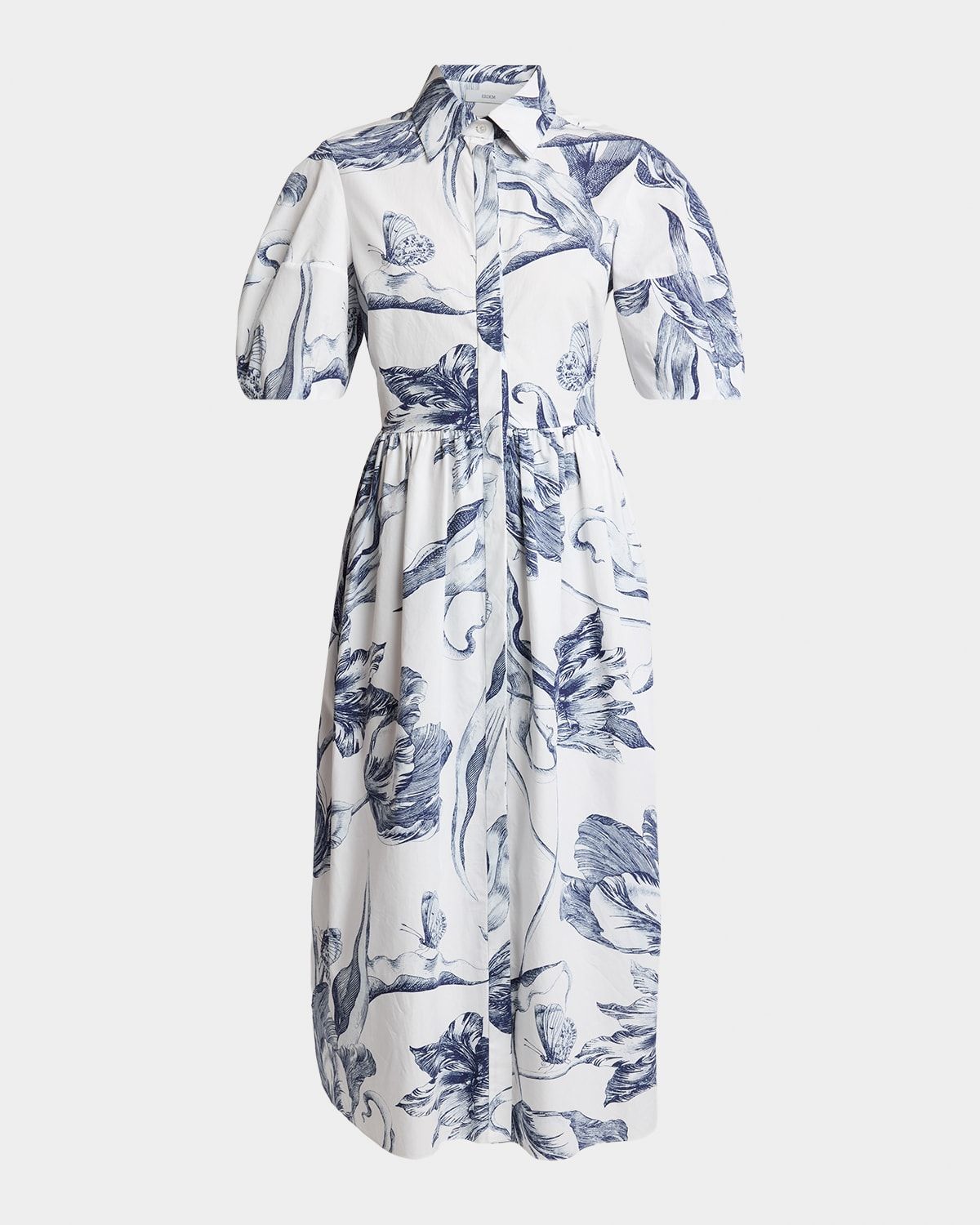Floral-Print Puff-Sleeve Midi Shirtdress