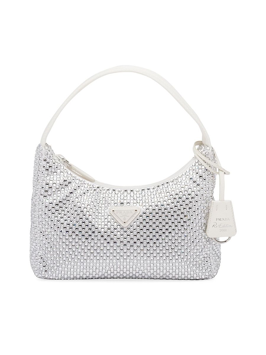 Women's Re-Edition Mini Satin Shoulder Bag with Crystals - White