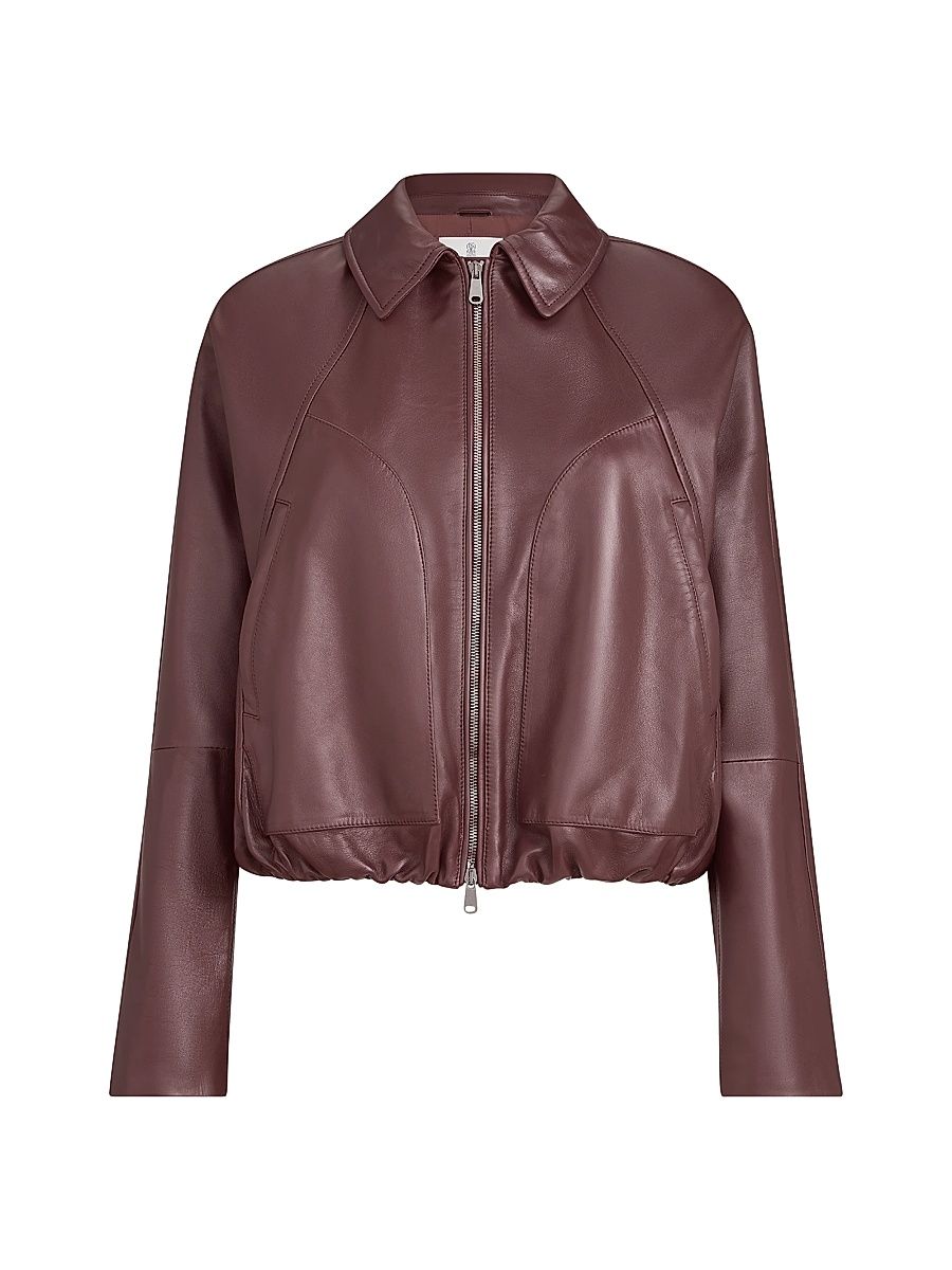 Women's Nappa Leather Outerwear Jacket with Drawstring and Monili - Burgundy - Size 4