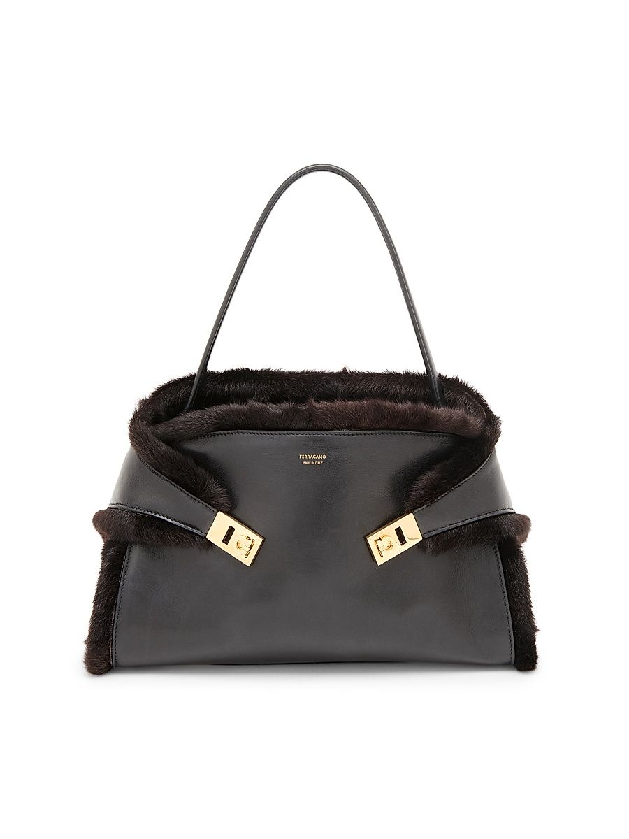 Women's Medium Hug Leather & Shearling Tote Bag - Nero