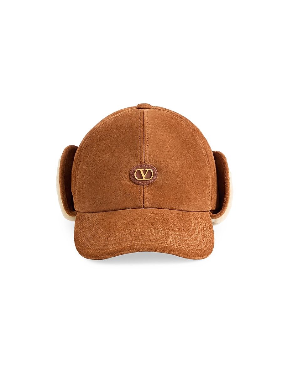 Men's VLogo Signature Baseball Cap in Suede and Sheepskin - Brown - Size Small