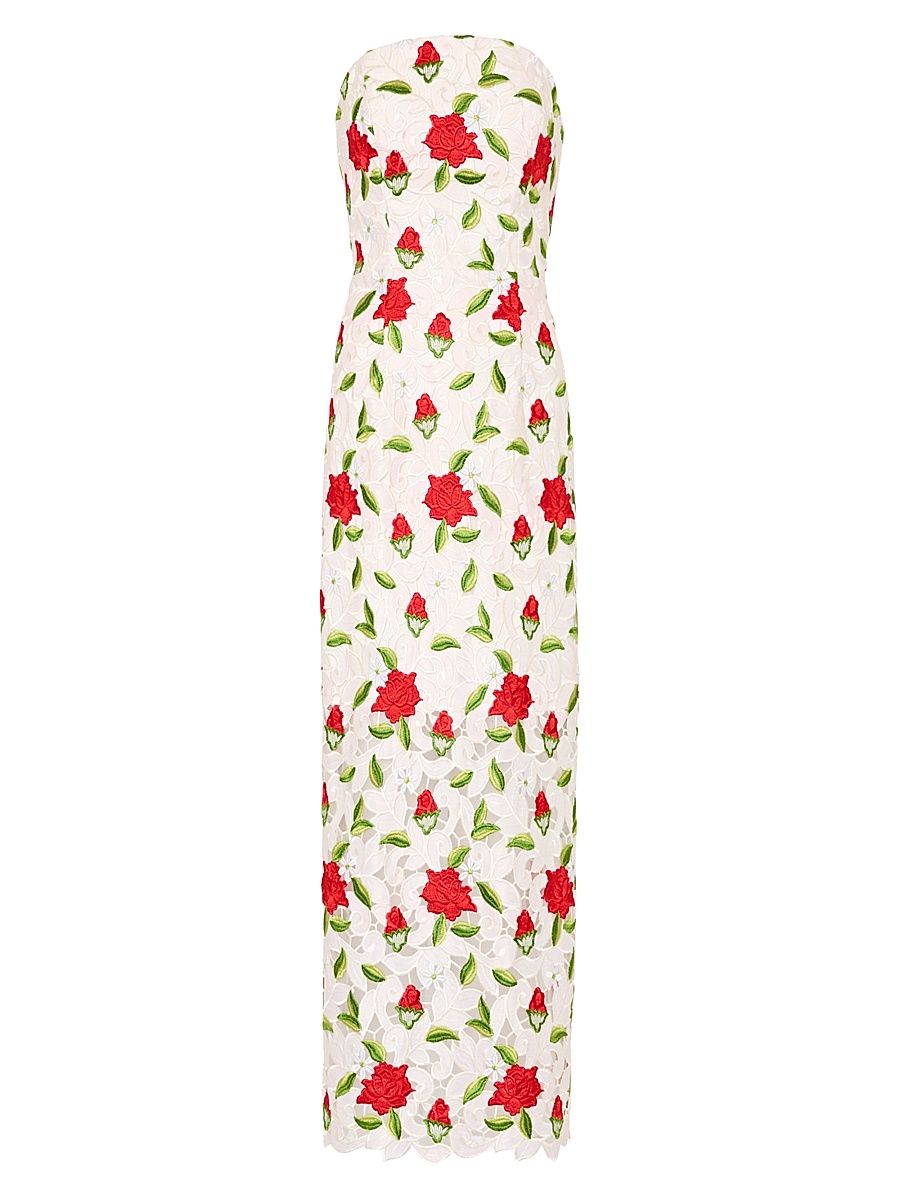 Women's Kait Rose-Embroidered Lace Midi-Dress - White Red Green - Size 10