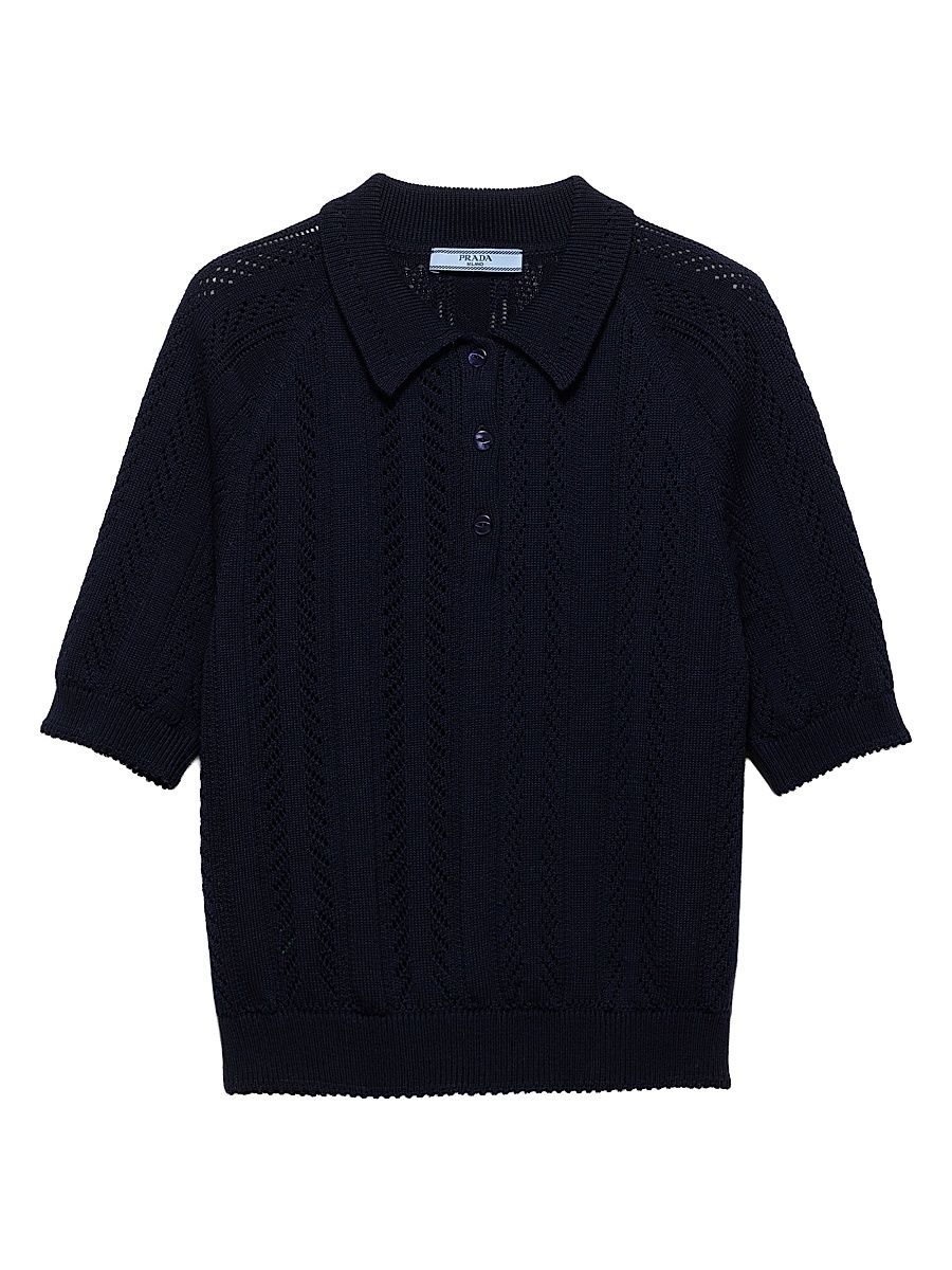 Women's Short-Sleeved Openwork Cotton Polo Shirt - Blue - Size 10