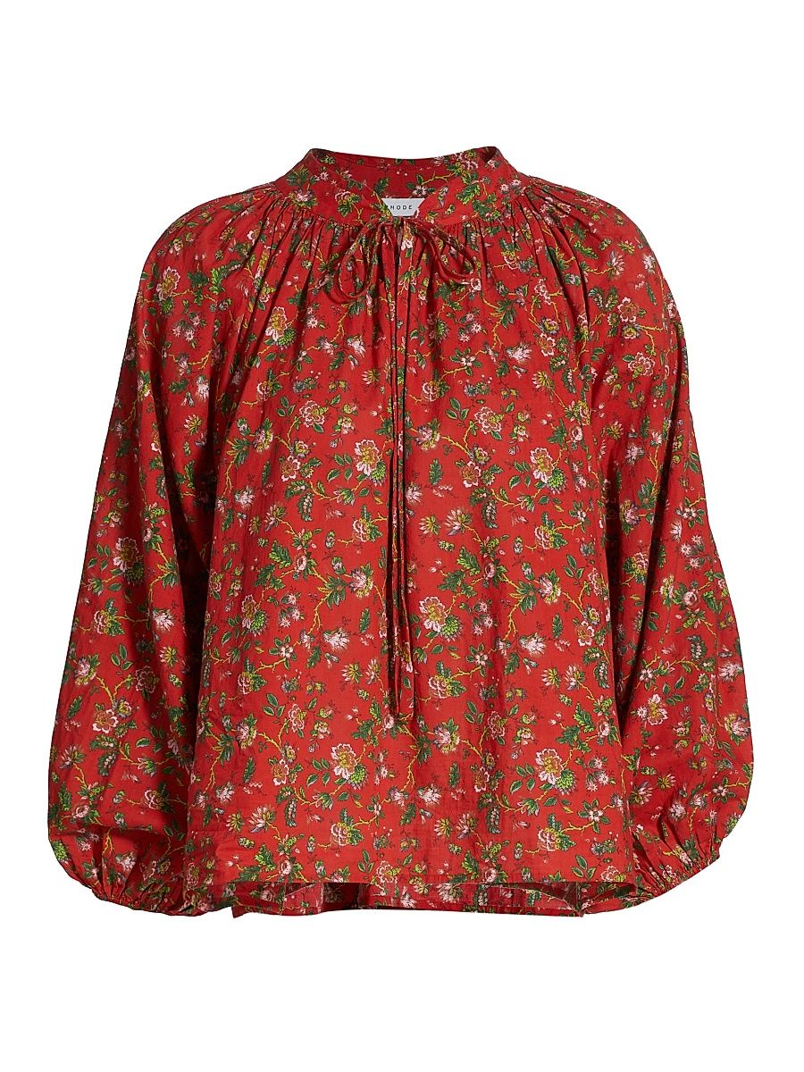 Women's Rafael Floral Cotton Self-Tie Top - Red Fleur Mini - Size Large