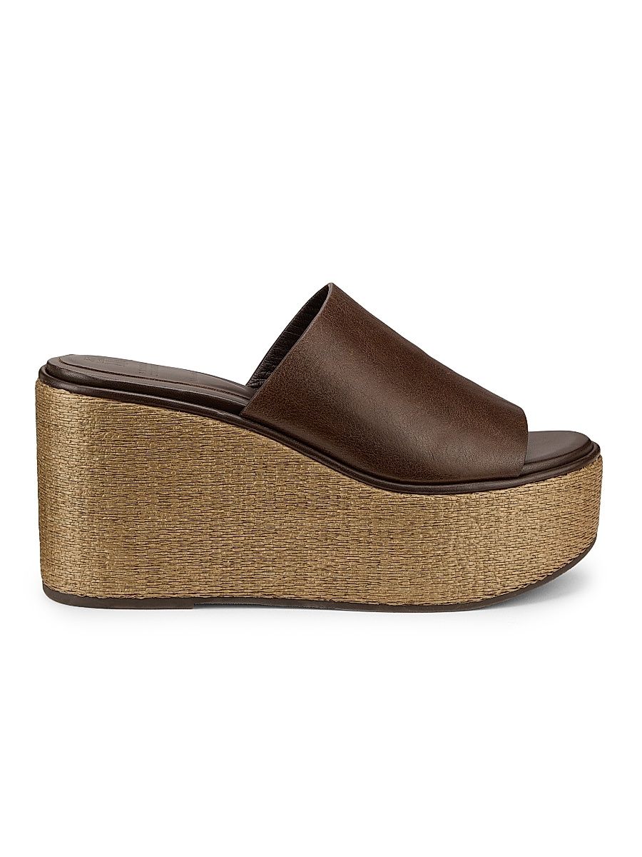 Women's 80MM Leather-Raffia Wedge Sandals - Cocoa - Size 9.5