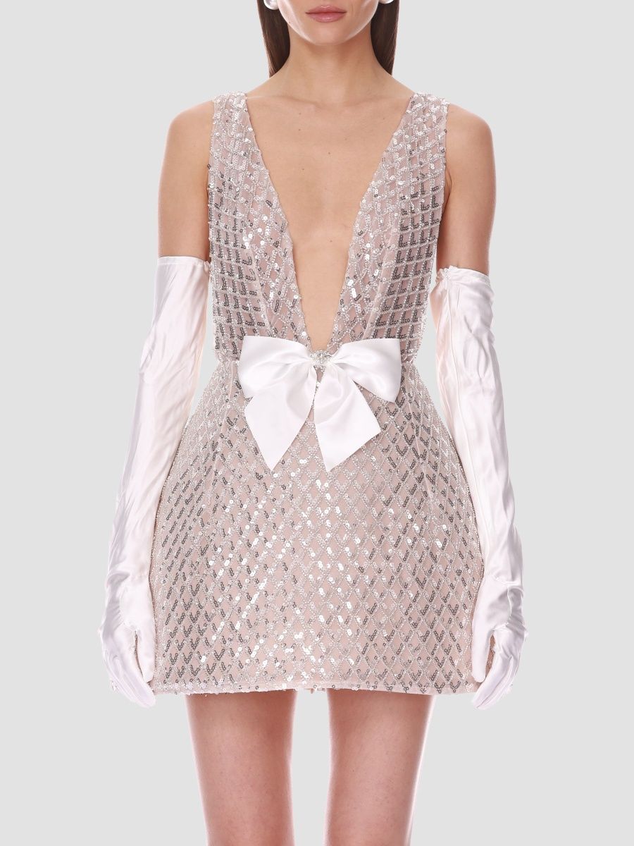 Bronx Banco Women's Bow-Detail Sequined Plunge Mini Dress - White - Size XL