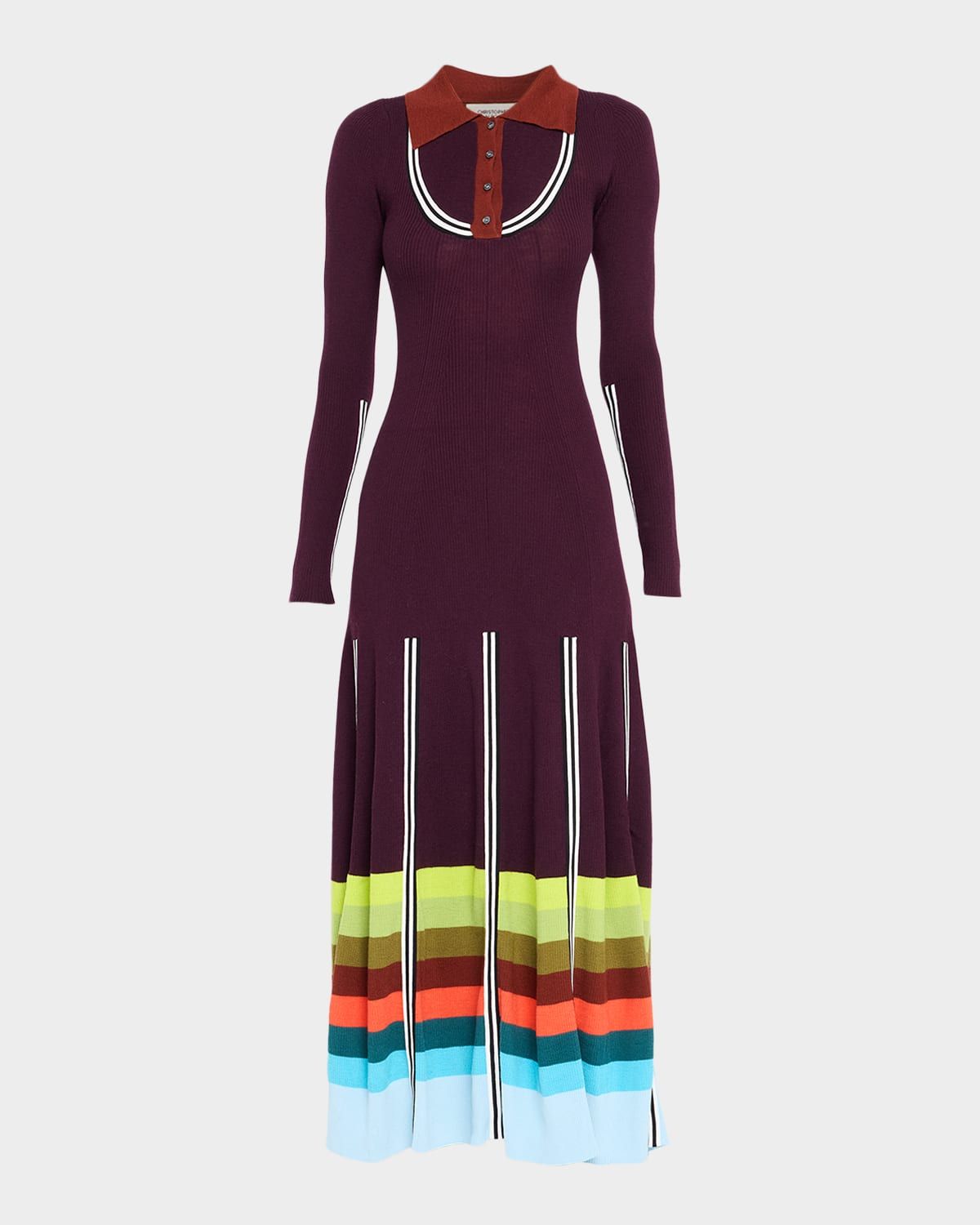 Striped Rib Long-Sleeve Maxi Polo Dress
