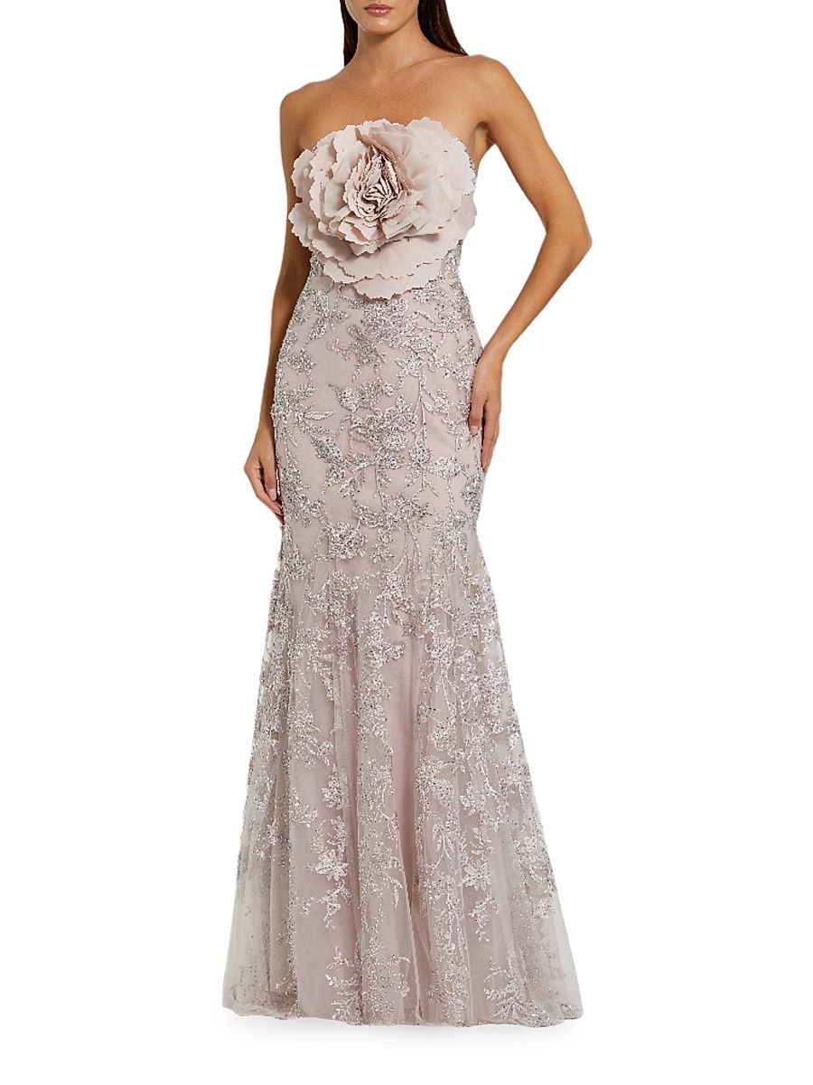 Women's Prom Floral Embellished Strapless Gown - Mocha - Size 12