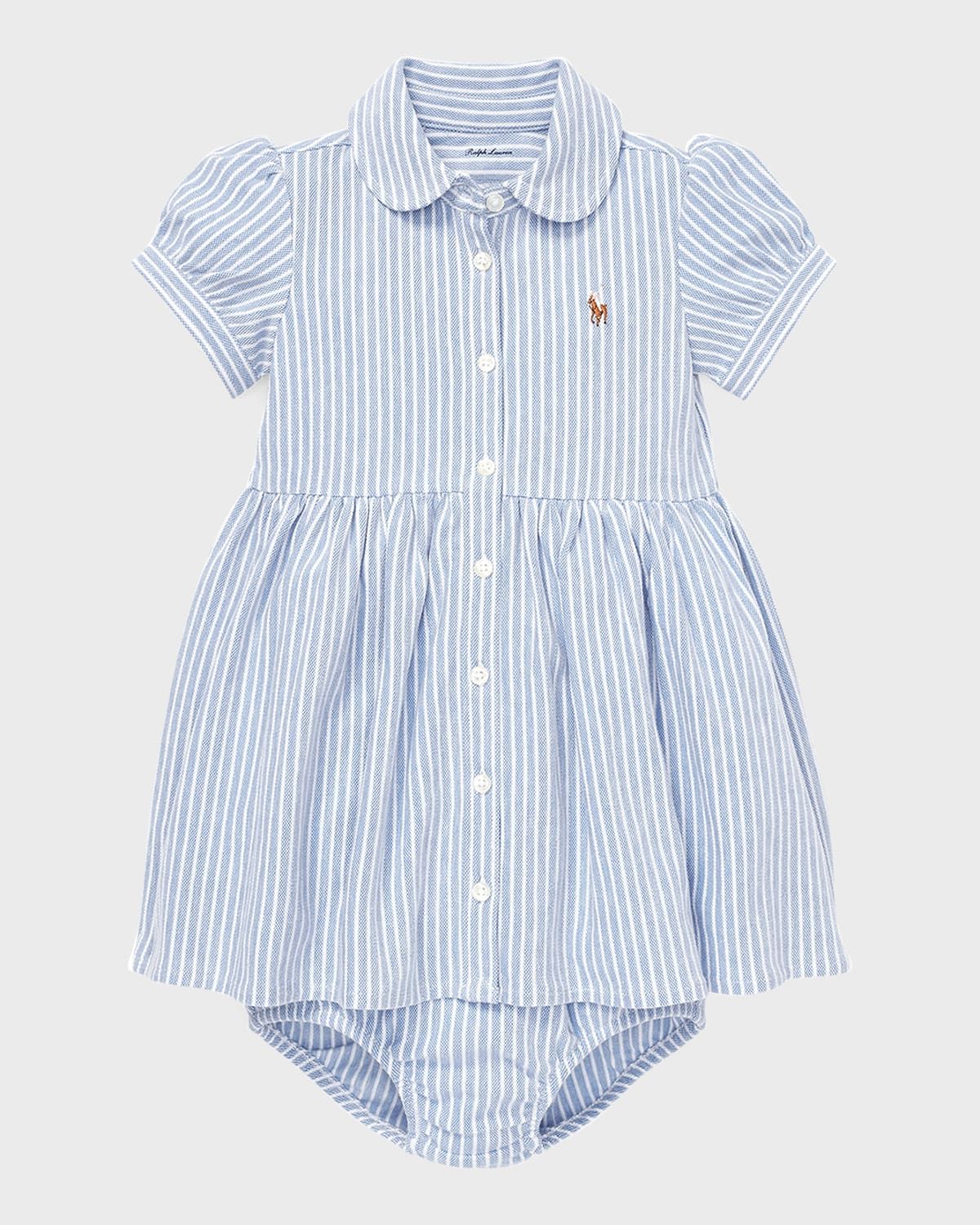 Yarn-Dyed Oxford Mesh Stripe Dress w/ Matching Bloomers, Size 3M-24M