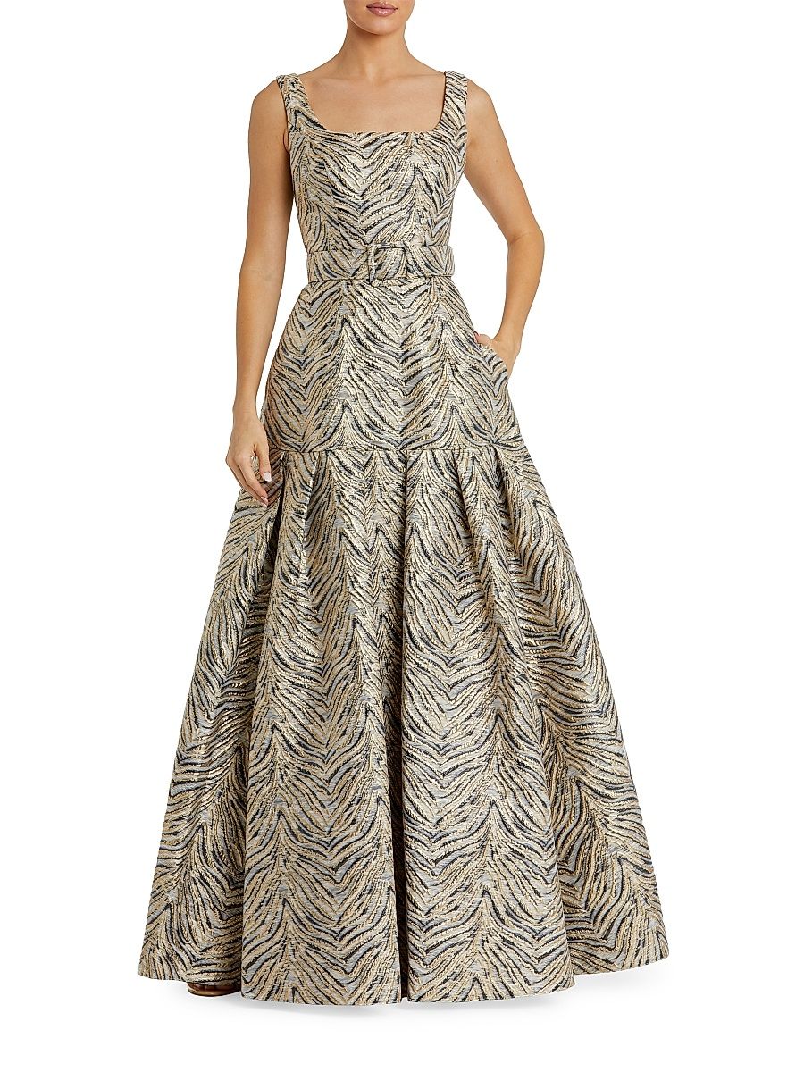 Women's Evening Metallic Brocade Belted Gown - Gold - Size 16