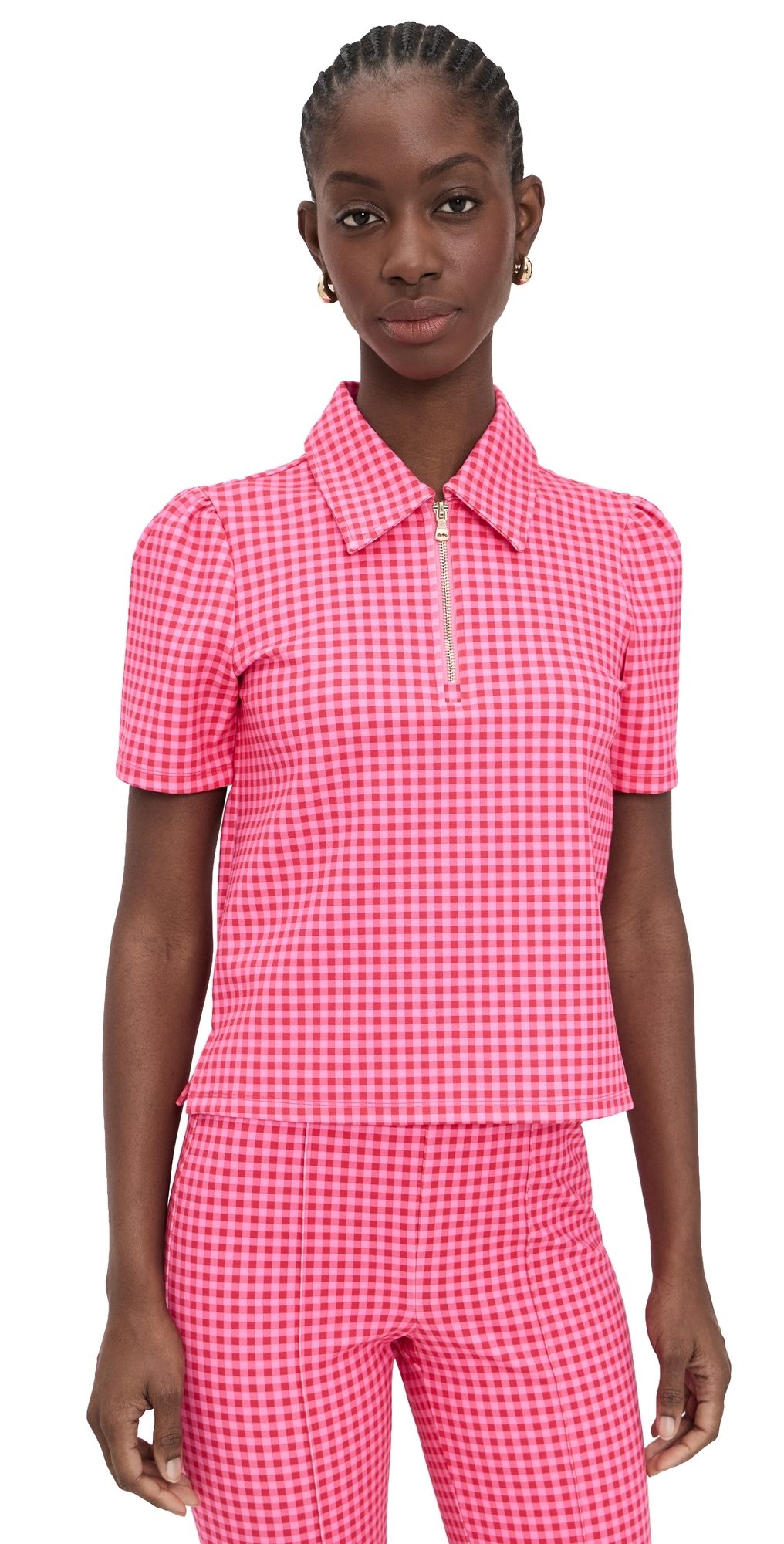 Addison Bay Ponte Virginian Polo Top Rose Check XS
