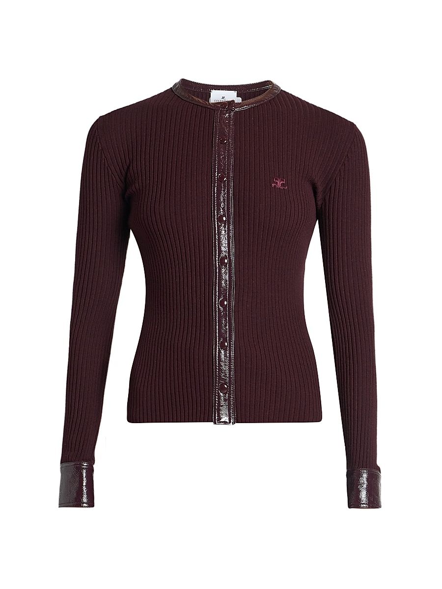 Women's Faux-Leather-Trim Logo Cardigan - Burgundy - Size XXL
