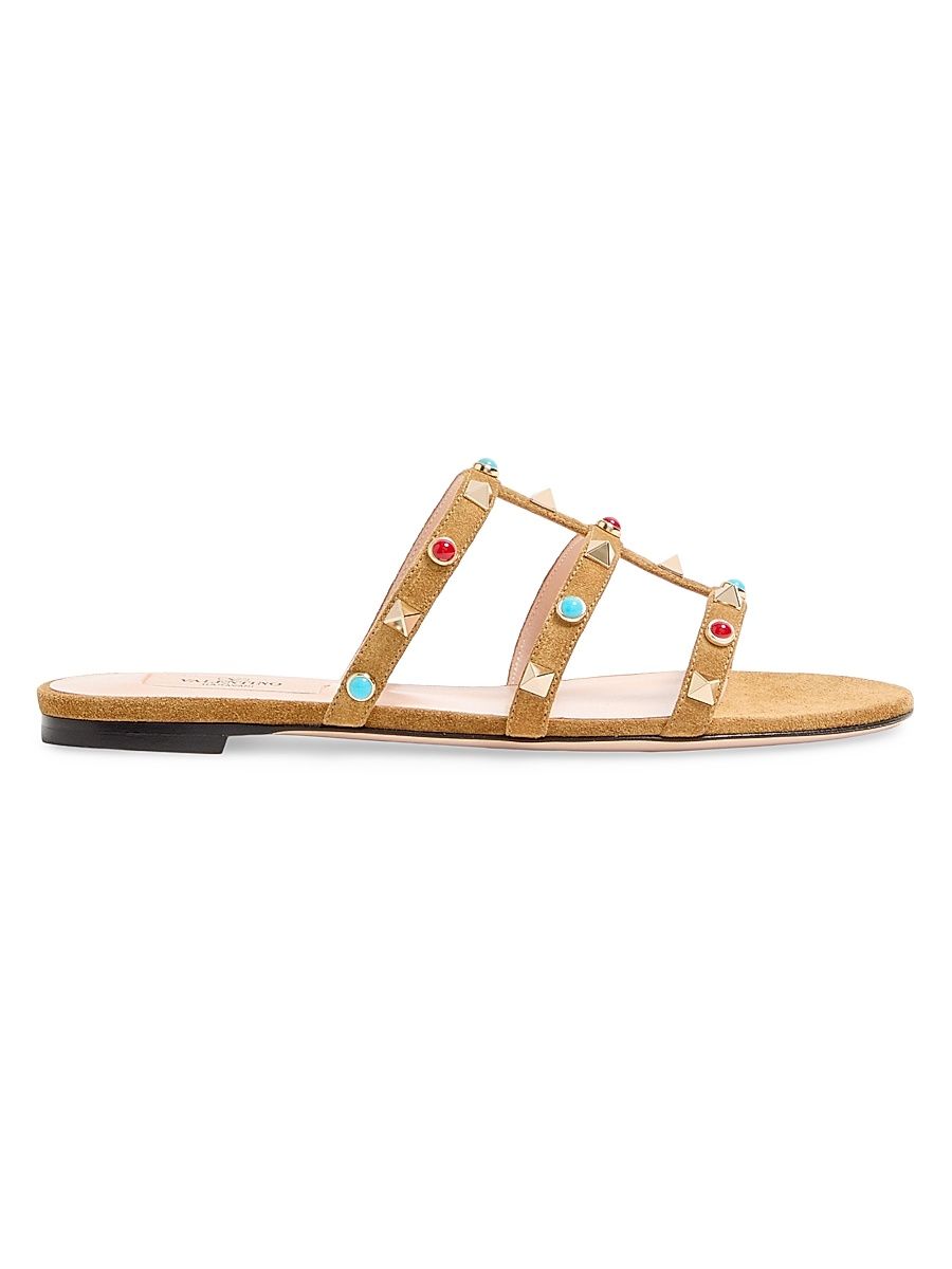 Women's Rockstud Slide Sandal in Split Leather with Cabochon Stones - Havana Beige - Size 12