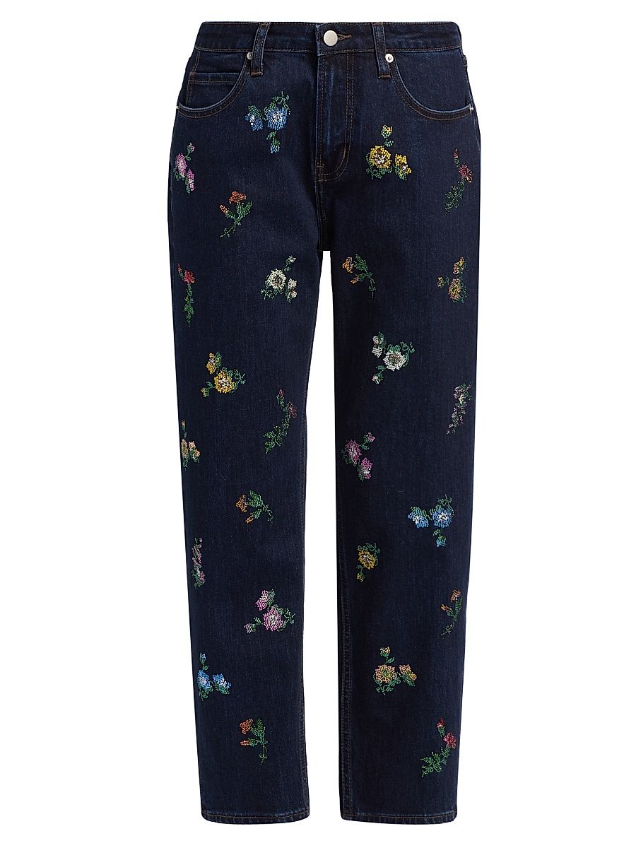 Women's Joy And Mirth Floral-Embroidered Boyfriend Jeans - Indigo - Size XL