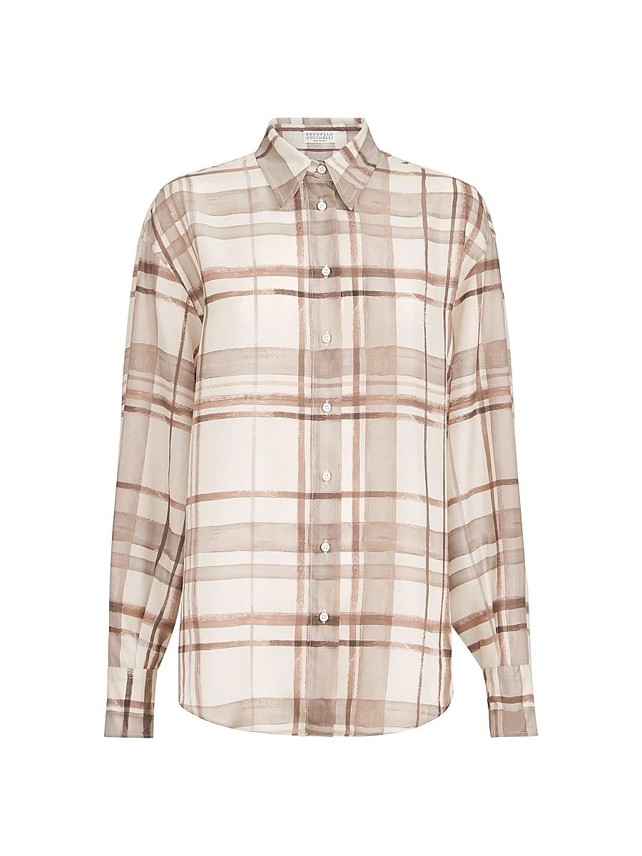 Women's Silk Pongée Shirt in Macrocheck Print - Size XXL