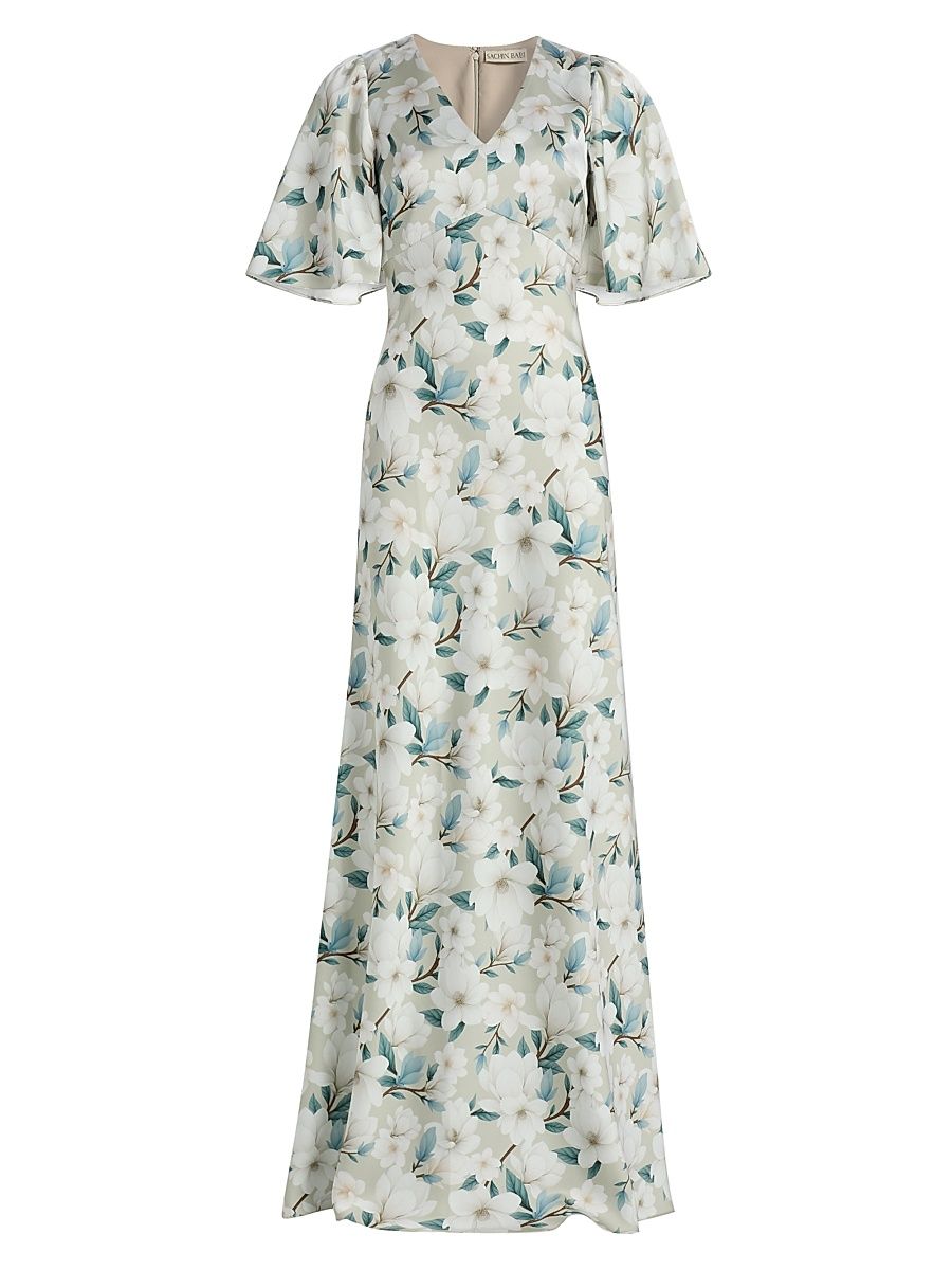 Women's Mae Floral Flutter-Sleeve Gown - Champagne Magnolia - Size 14