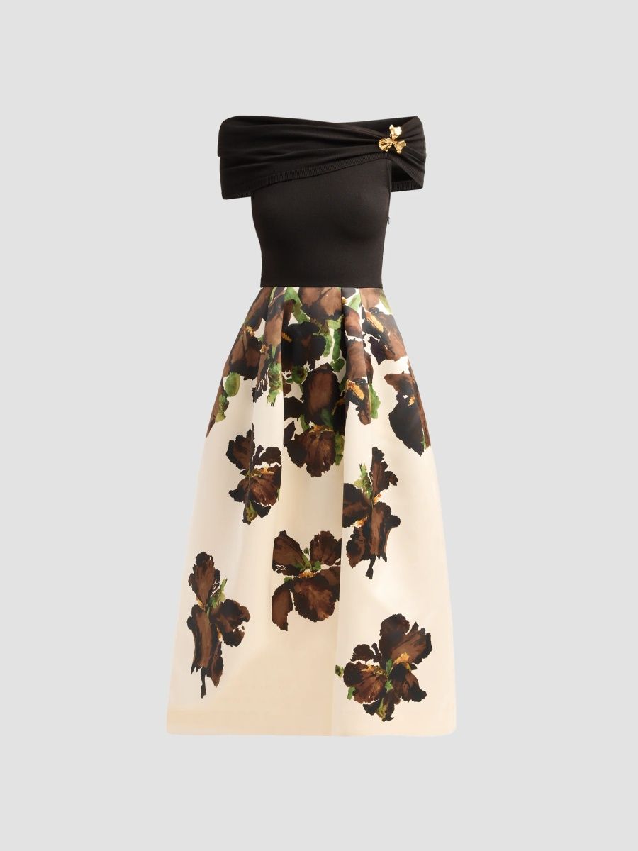 Oscar de la Renta Women's Iris Mix Media Off-the-Shoulder Day Dress - Brown Multi - Size 0