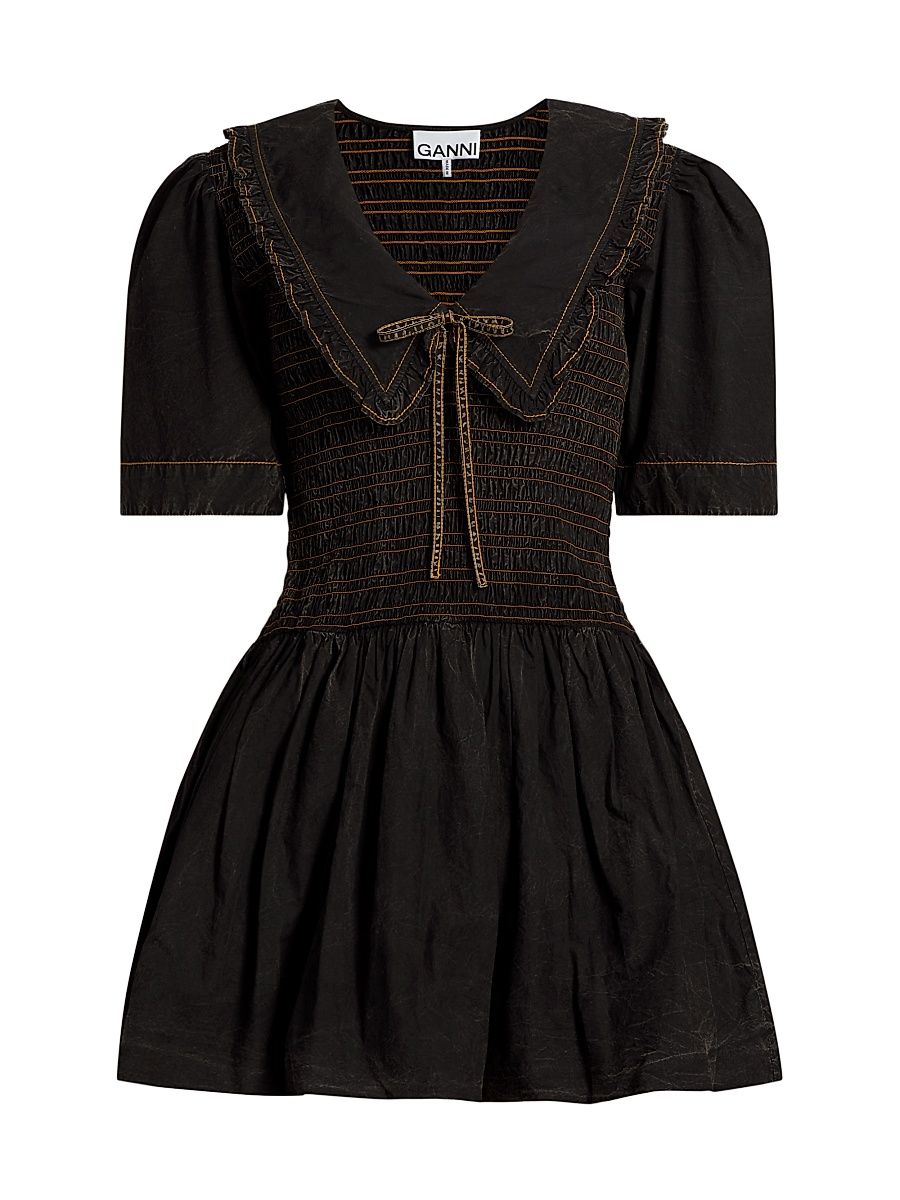 Women's Garment-Dyed Smocked Cotton Minidress - Black - Size 14