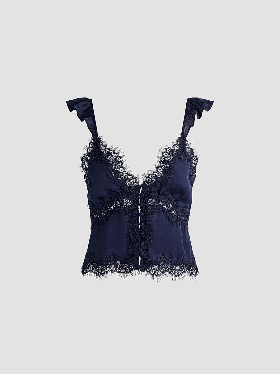 ALICE + OLIVIA Women's Rafaella Lace-Trim Ruffled Satin Top - Midnight Blue - Size 14