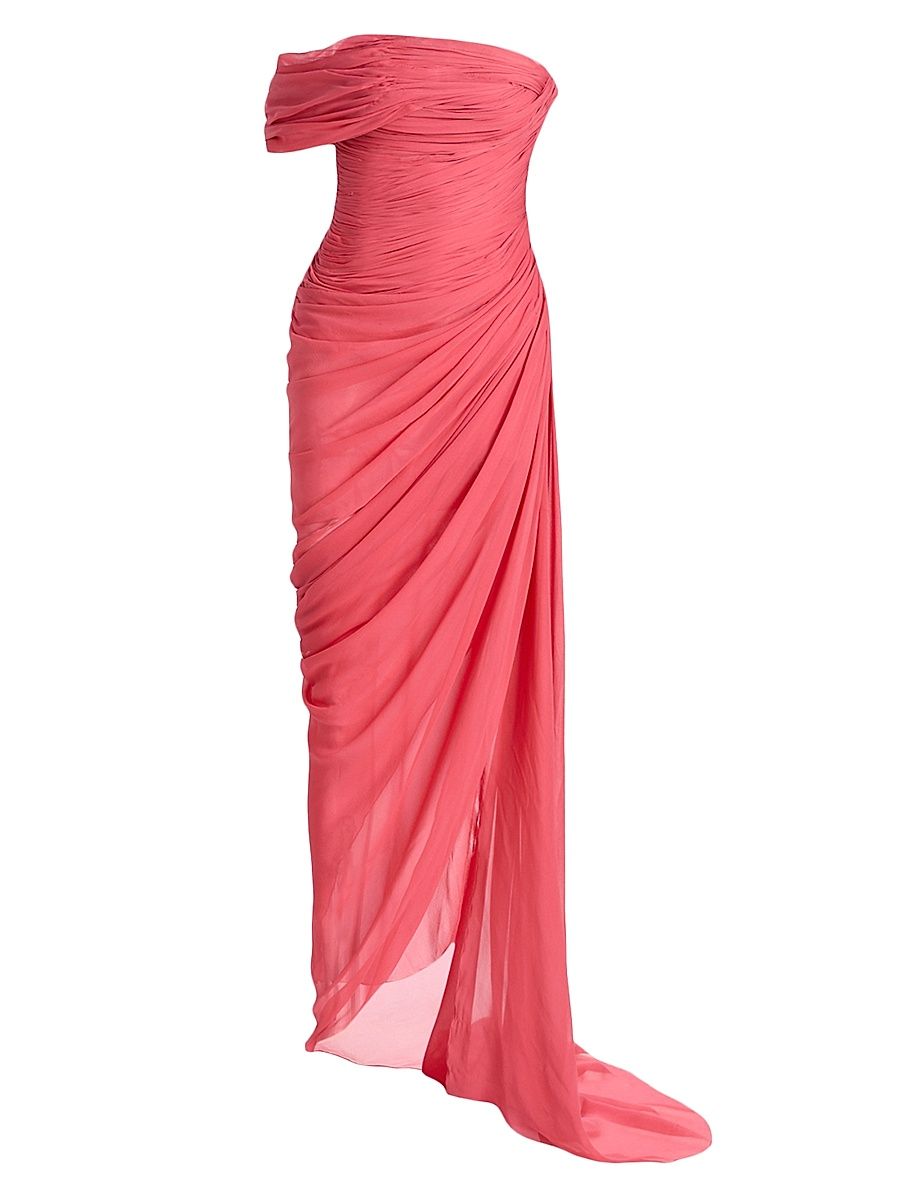Women's Off-The-Shoulder Draped Silk Chiffon Gown - Guava - Size 6