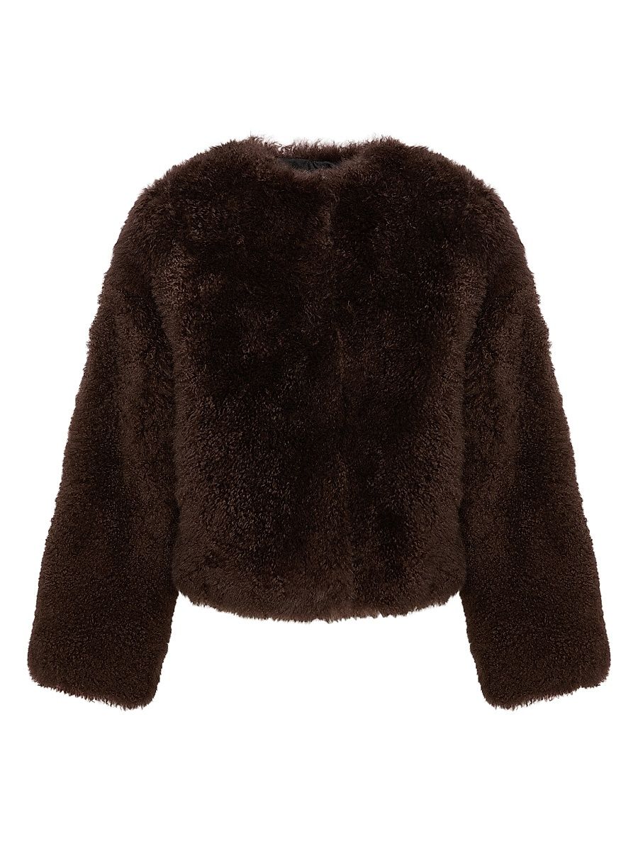 Women's Shearling Collarless Jacket - Mocha - Size XL