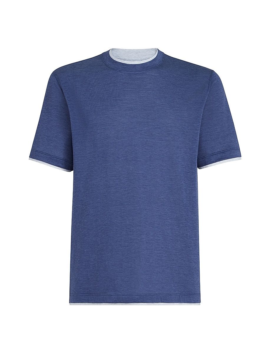 Men's Silk and Cotton Jersey Crew-Neck T-Shirt with Faux Layering - Denim - Size Medium