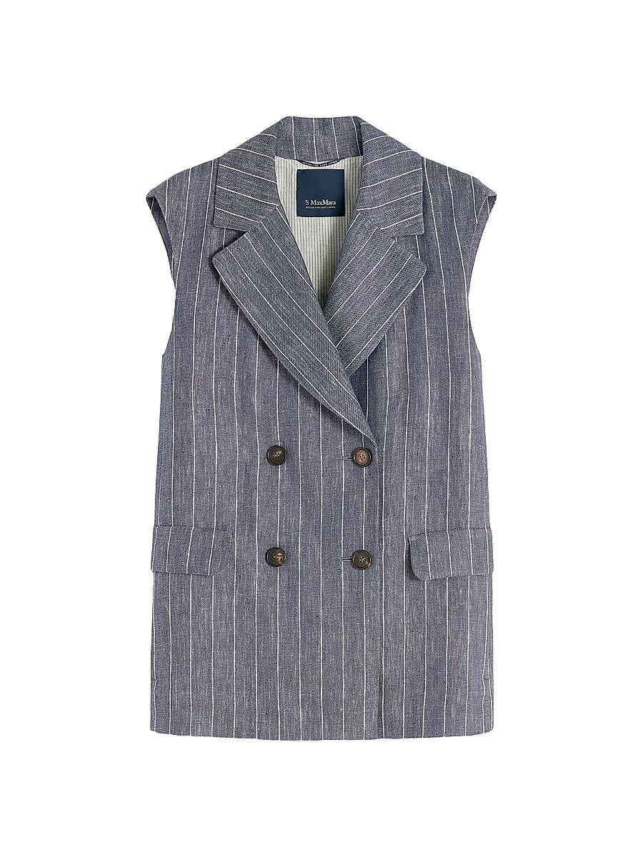 Women's Pinstriped Linen Batavia Gilet with Denim Effect - Ultramarine - Size 14
