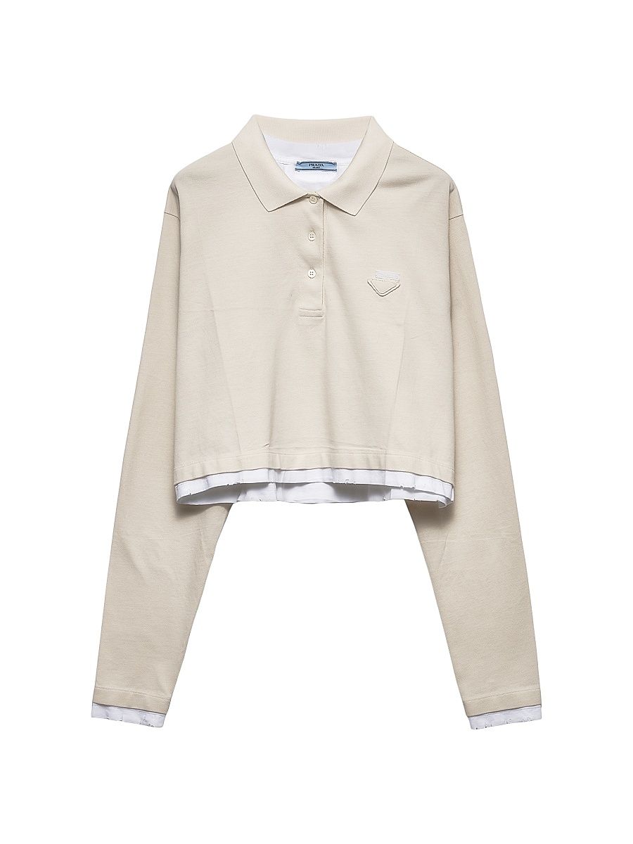 Women's Long-Sleeved Piqué and Jersey Polo Shirt - Beige Khaki - Size 14