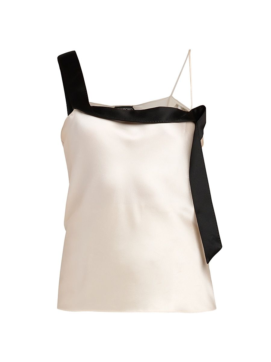 Women's Asymmetric Silk Cami Top - Offwhite Black - Size 12