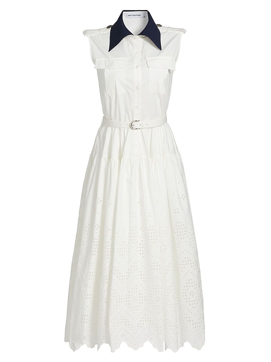 Women's Eyelet Cotton A-Line Midi-Dress - White - Size 12