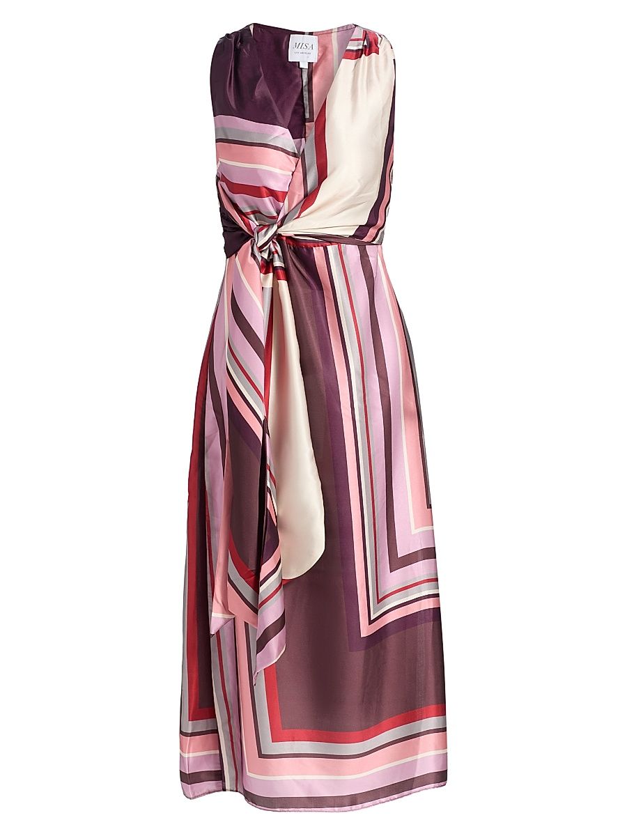 Women's Kina Striped Satin Wrap-Style Midi-Dress - Chocolate Geo Stripe - Size XL