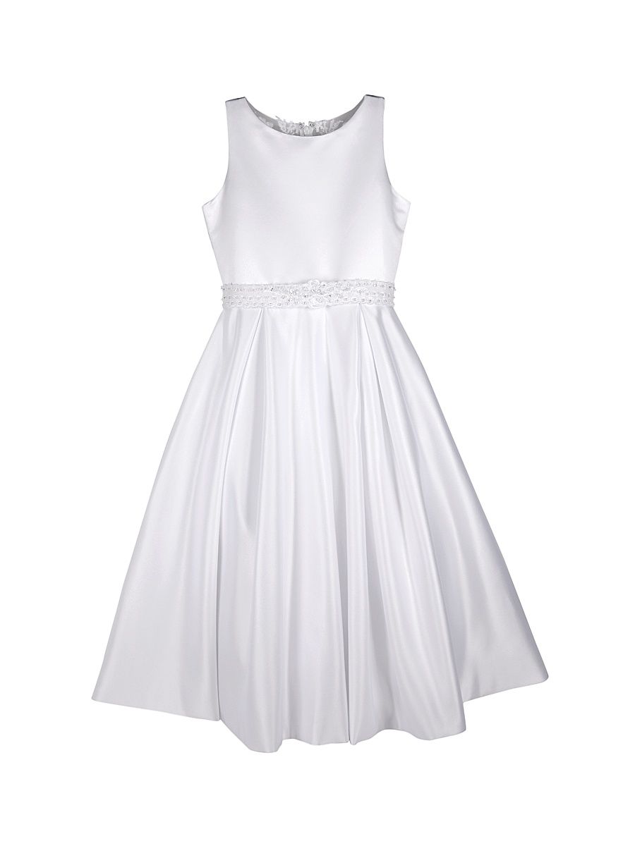 Girl's Satin & Lace Box Pleat Dress - White Ivory - Size 6