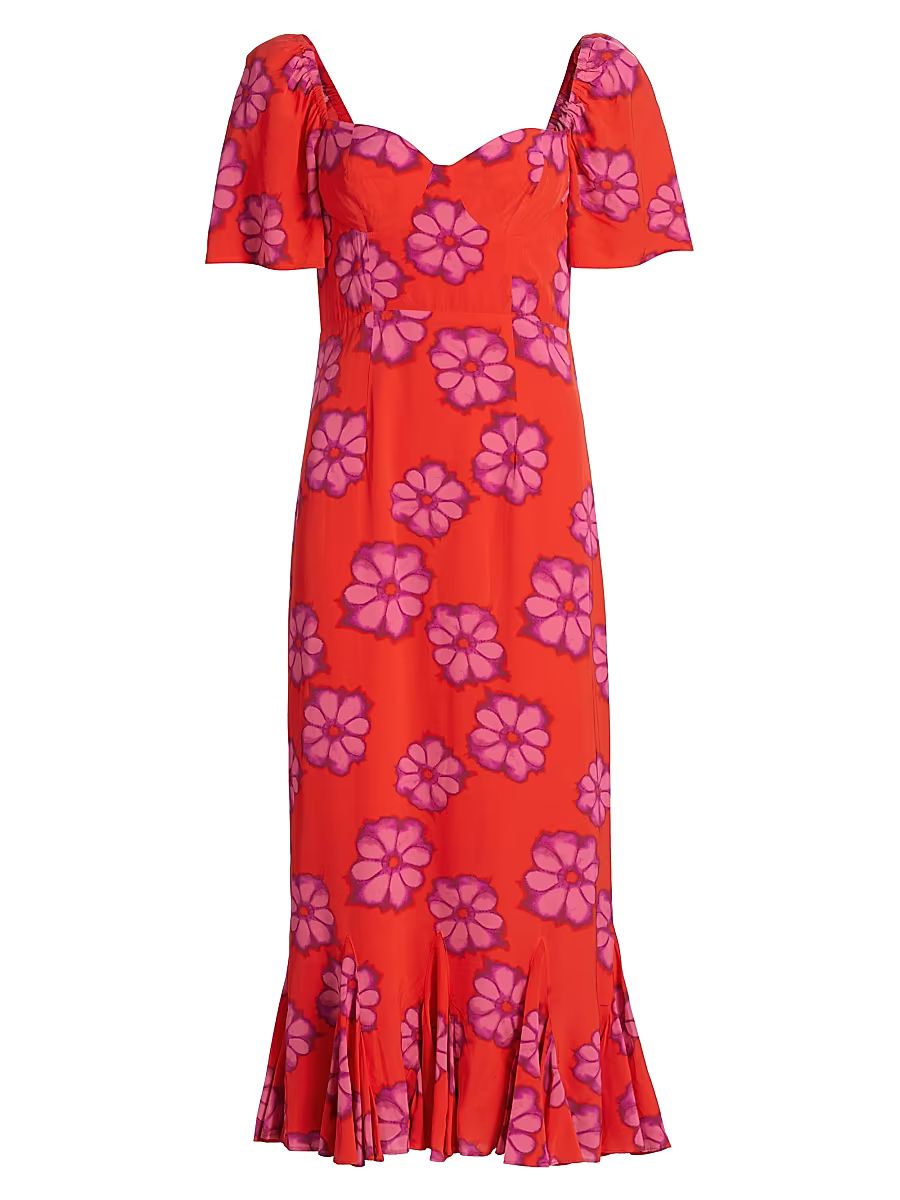 Women's Ramona Floral Godet-Hem Midi-Dress - Scarlet Bombay Bloom - Size 14