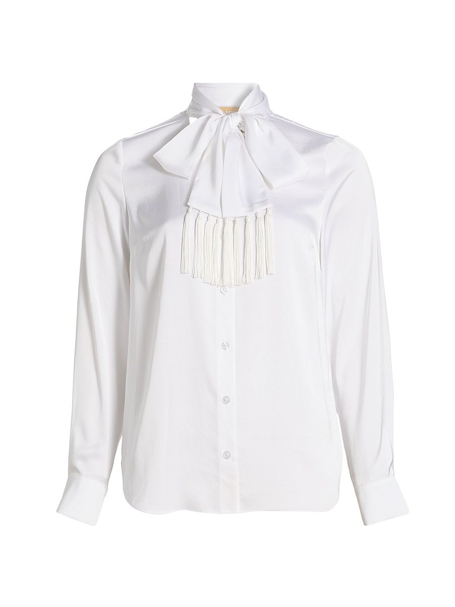 Women's Fringe Bow-Accected Blouse - White - Size XL