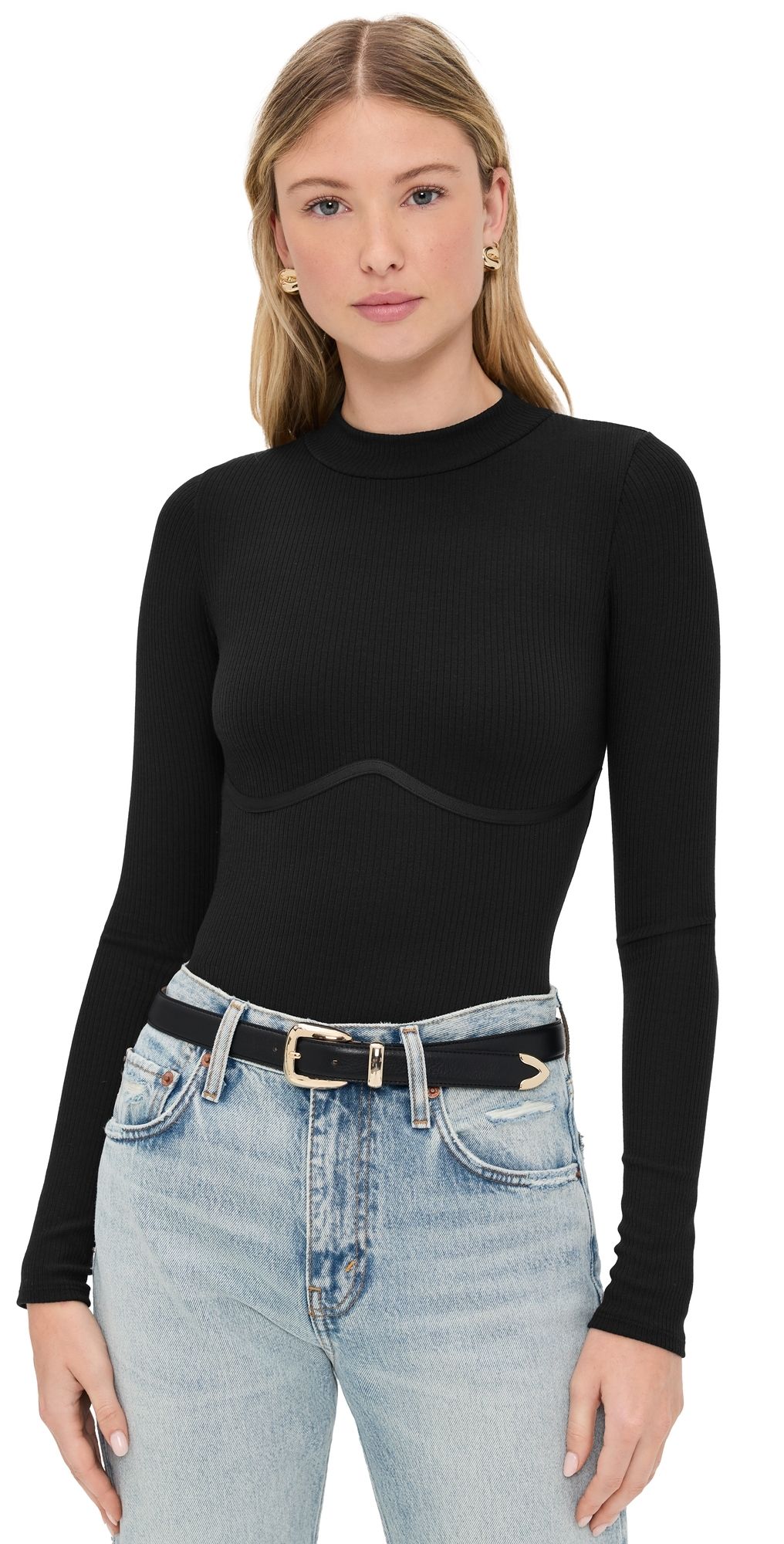 Fleur du Mal Hourglass Rib Mock Neck Thong Bodysuit Black M