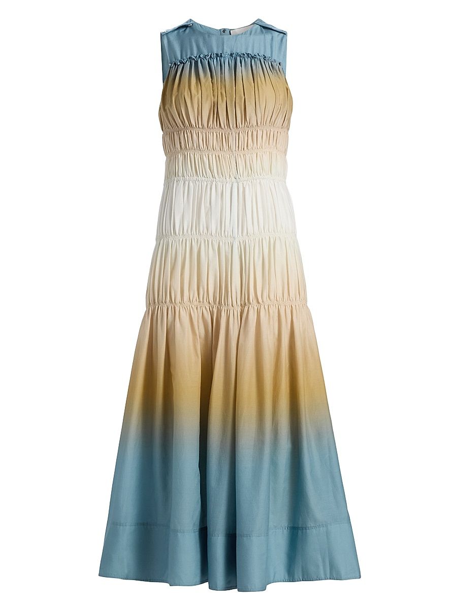 Women's Ombré Ruched Cotton-Silk A-Line Dress - Storm Canyon Multi - Size 10